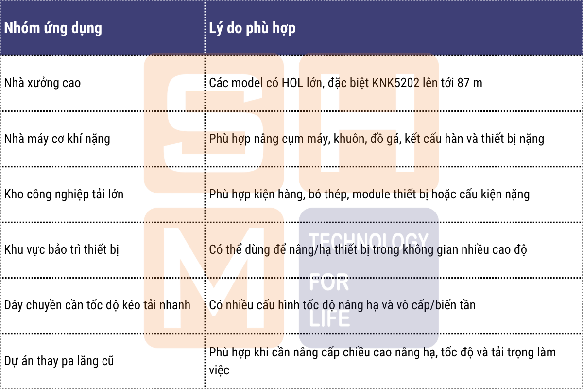 Ứng dụng phù hợp tại Việt Nam của pa lăng WorldHoists KNK5202 _ KNK5204 _ KNK5206 Hang Normal Headroom Hoist