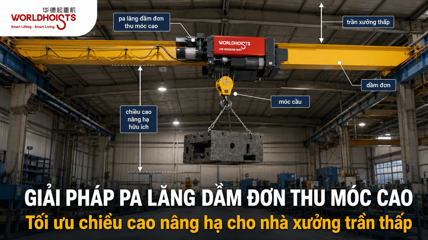 Giải pháp pa lăng cho nhà xưởng có chiều cao hạn chế: Cách chọn pa lăng thu móc cao đúng tải